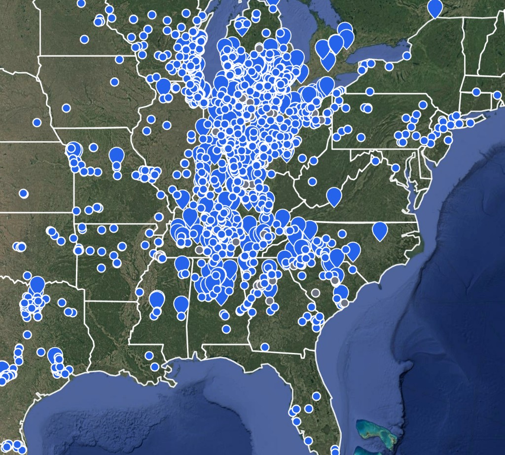 Satellite map of the United States with CRM geographic coverage and pin markers